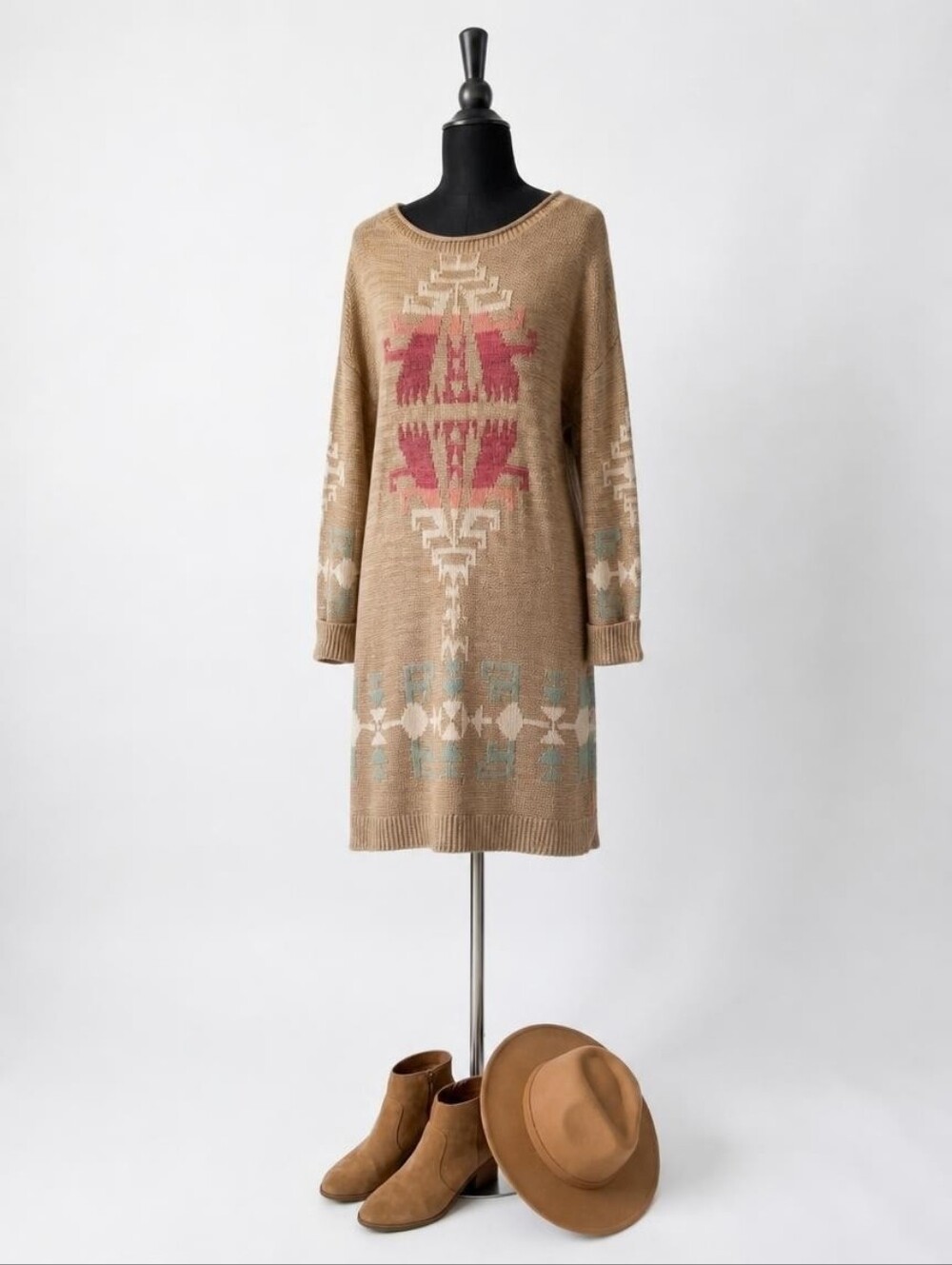 Ralph Lauren Camel Long-Sleeve Sweater Dress with Pink & Teal Accents